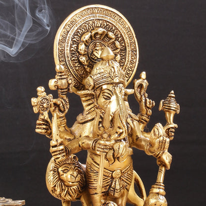 Superfine 8-Inch Brass Kanadrishti Ganesha with Lion Idol