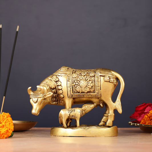Brass Kamadhenu Cow with Calf Idol 6.5"