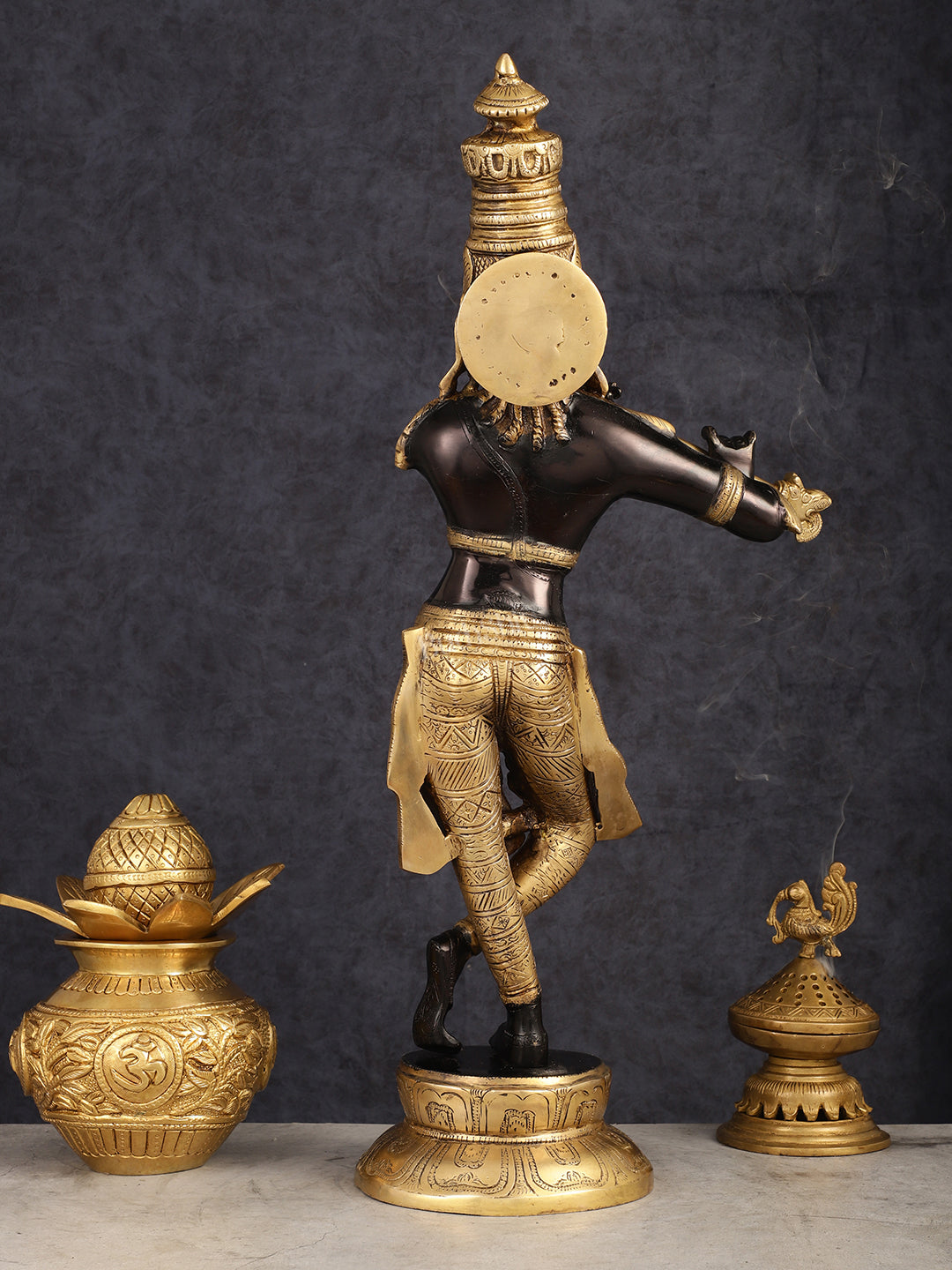 Exquisite Pure Brass Lord Krishna Statue - Black & Gold Finish, 23 Inches