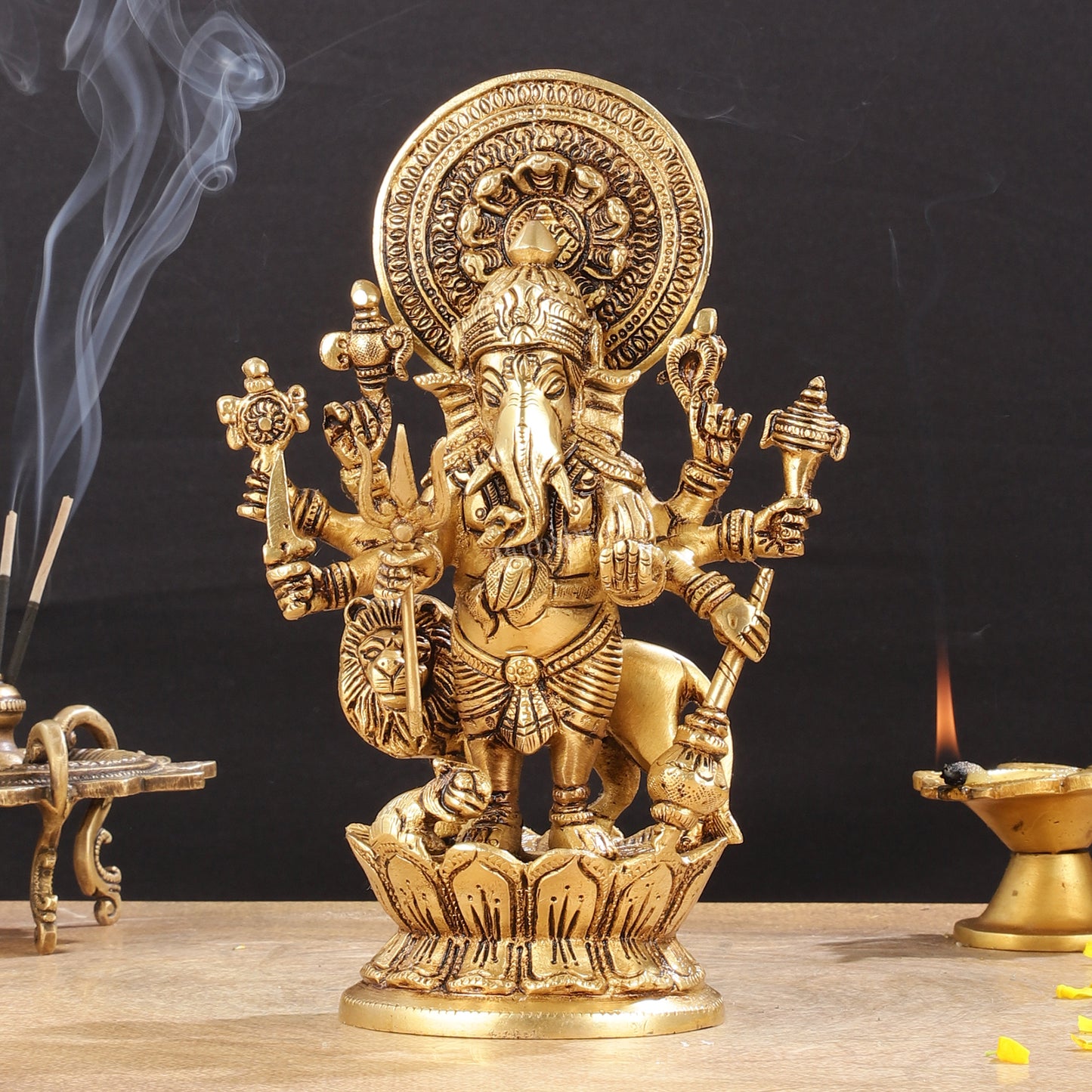 Superfine 8-Inch Brass Kanadrishti Ganesha with Lion Idol