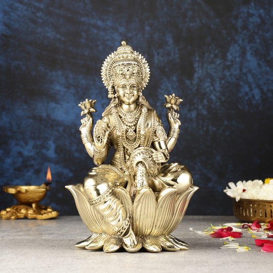 Brass Goddess Dhan Lakshmi on Lotus Idol - 7.5 Inch