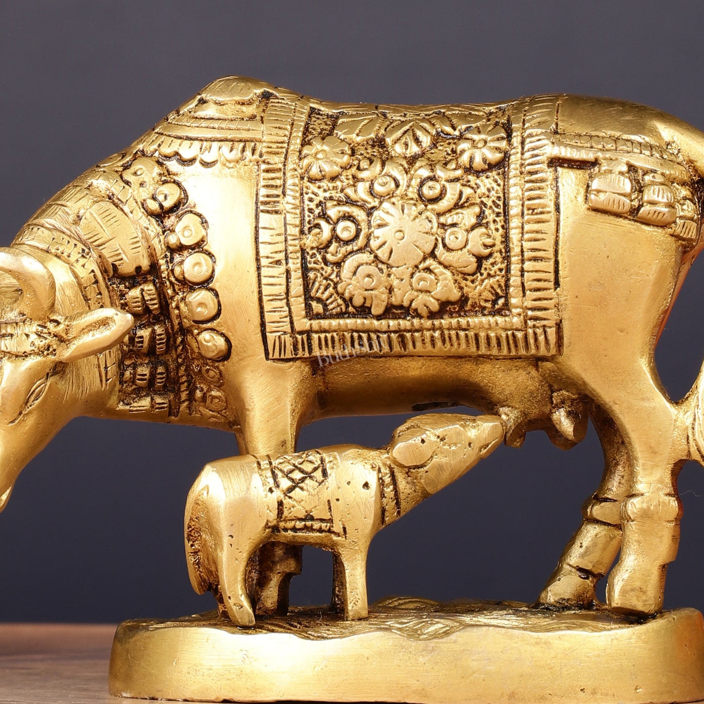 Brass Kamadhenu Cow with Calf Idol 6.5"