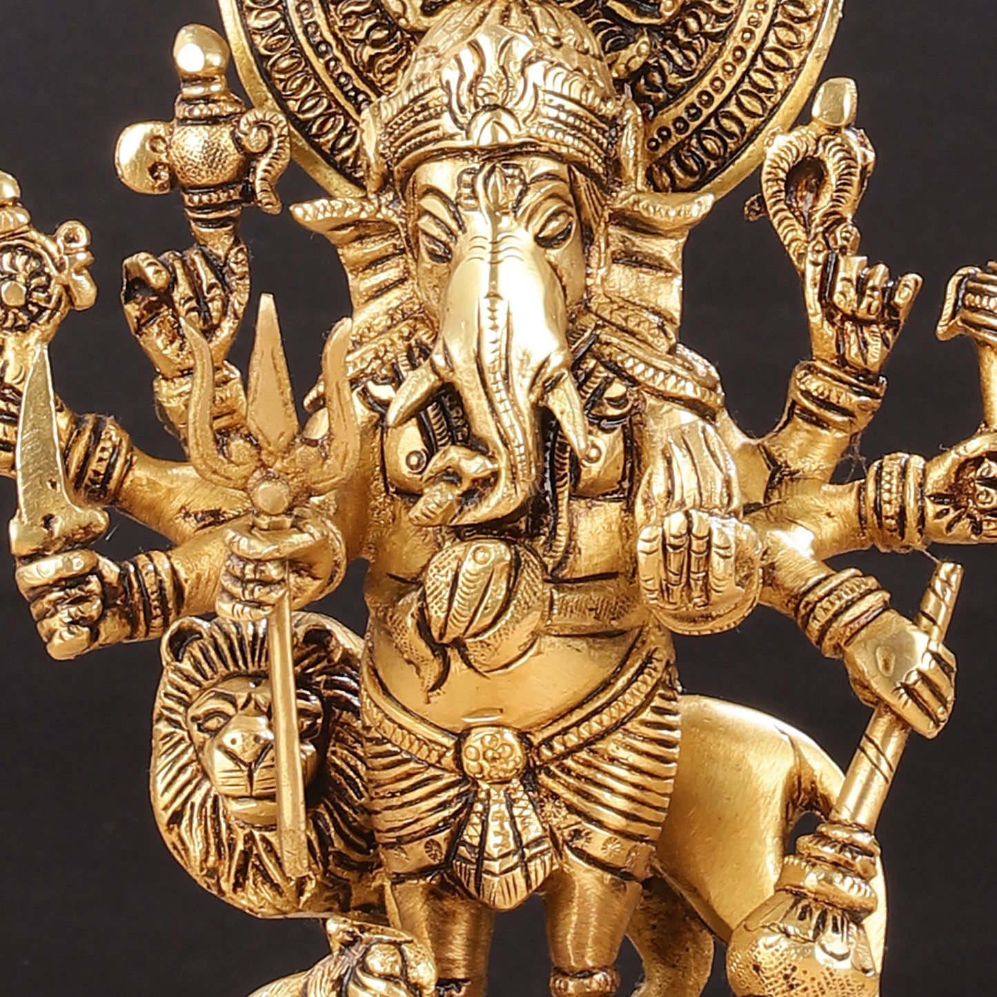 Superfine 8-Inch Brass Kanadrishti Ganesha with Lion Idol