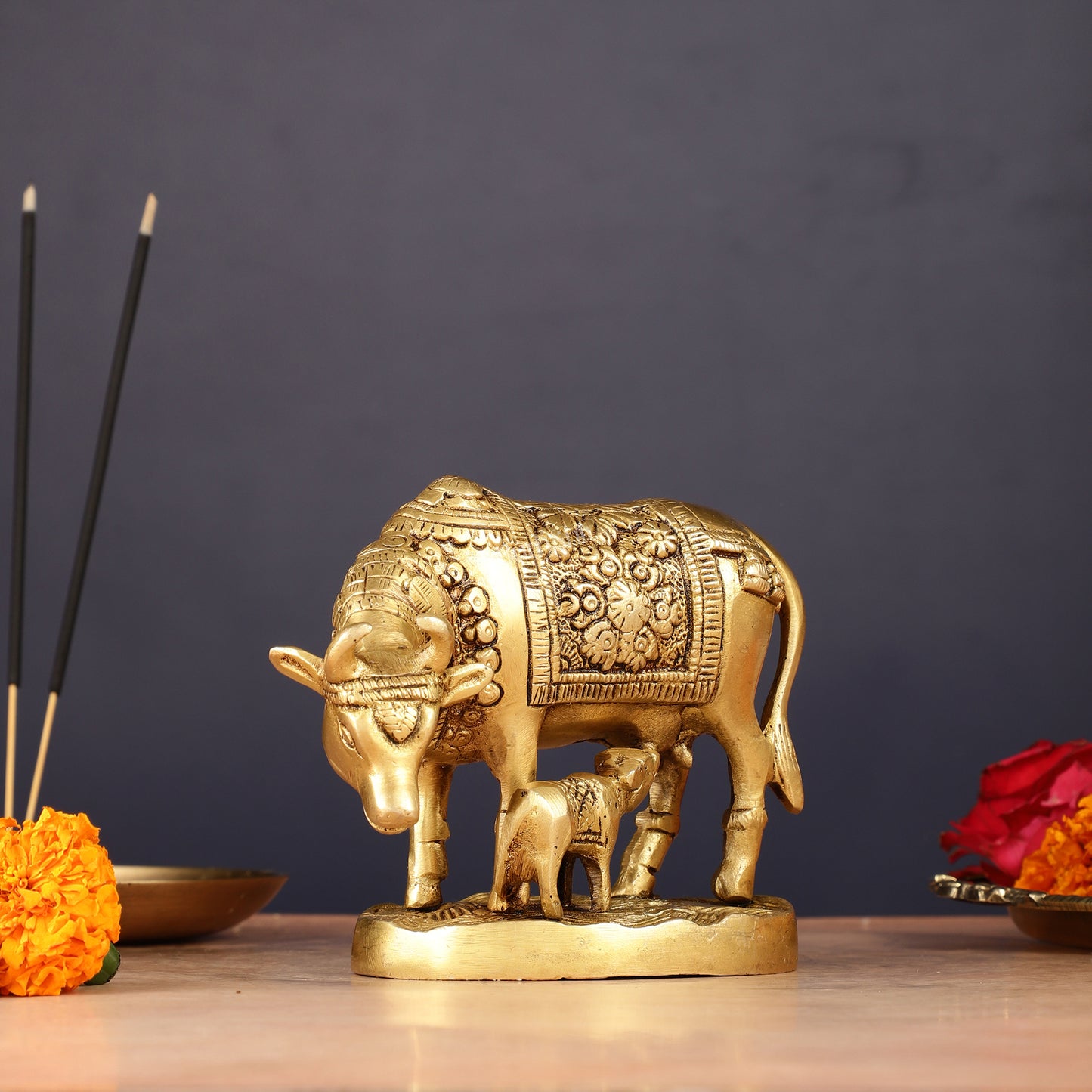 Brass Kamadhenu Cow with Calf Idol 6.5"