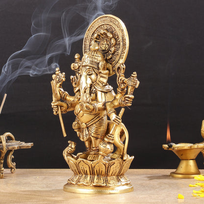 Superfine 8-Inch Brass Kanadrishti Ganesha with Lion Idol