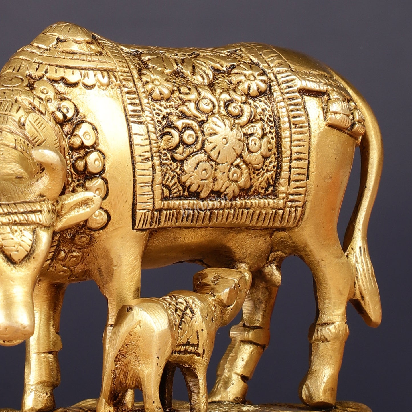 Brass Kamadhenu Cow with Calf Idol 6.5"