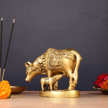 Brass Kamadhenu Cow with Calf Idol 6.5"