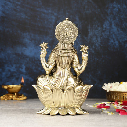 Brass Goddess Dhan Lakshmi on Lotus Idol - 7.5 Inch