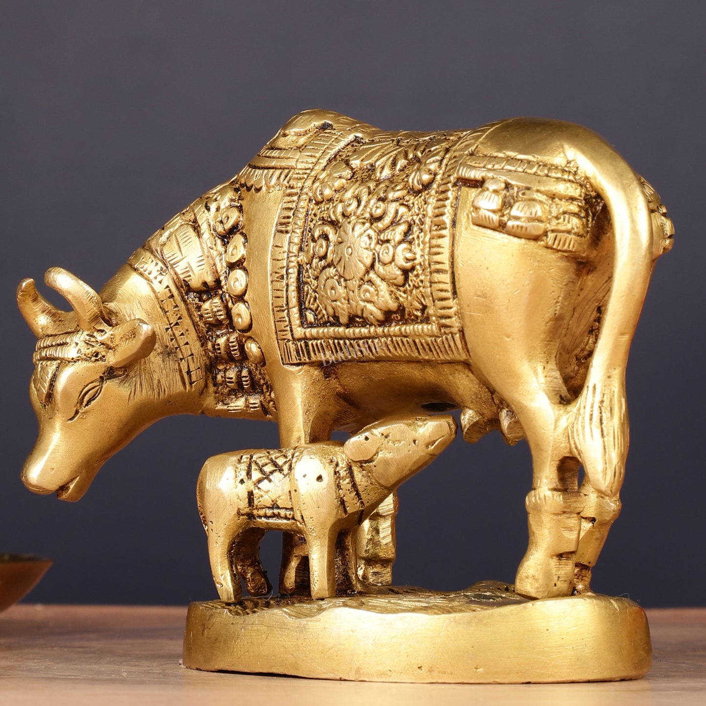 Brass Kamadhenu Cow with Calf Idol 6.5"