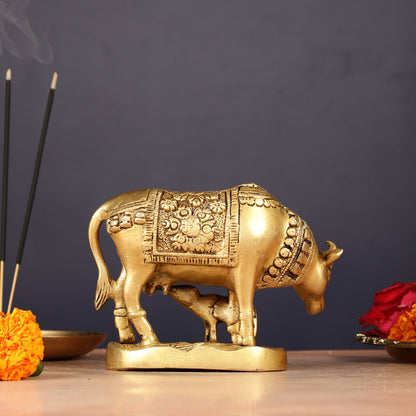 Brass Kamadhenu Cow with Calf Idol 6.5"