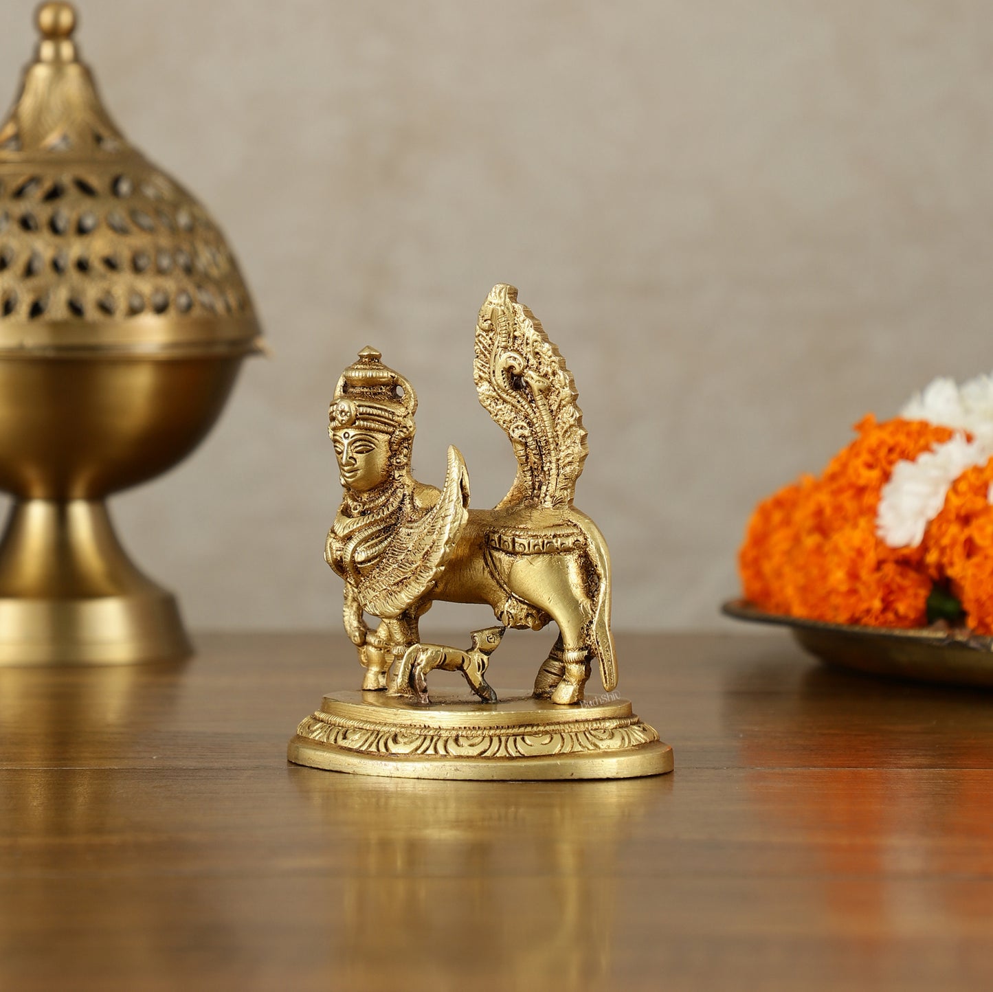 Brass Handcrafted Kamdhenu Cow with Calf Idol - Gold Finish, Divine Symbol of Abundance