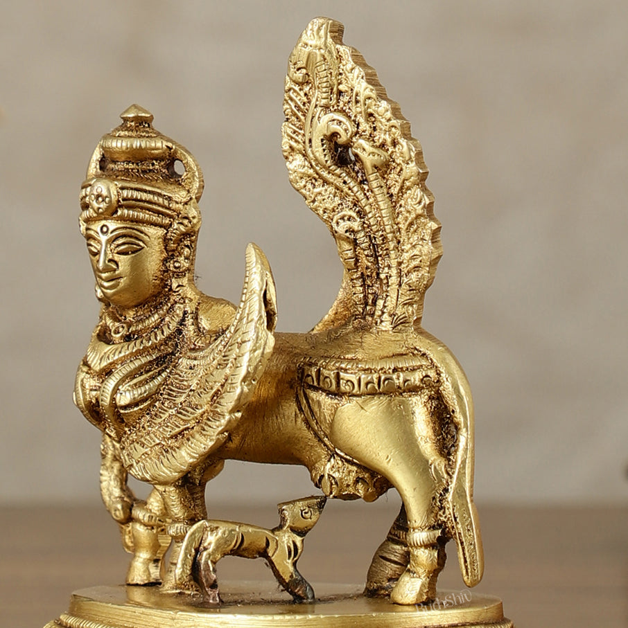 Brass Handcrafted Kamdhenu Cow with Calf Idol - Gold Finish, Divine Symbol of Abundance