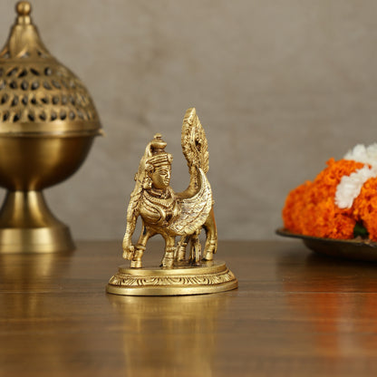 Brass Handcrafted Kamdhenu Cow with Calf Idol - Gold Finish, Divine Symbol of Abundance