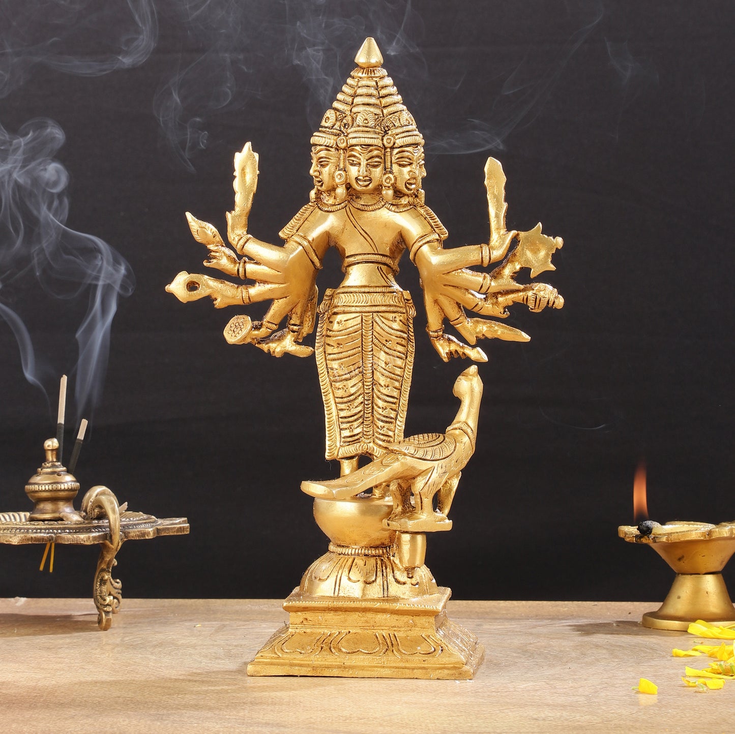 Pure Brass Shanmukha Murugan Idol with Six Heads 10.5 inch