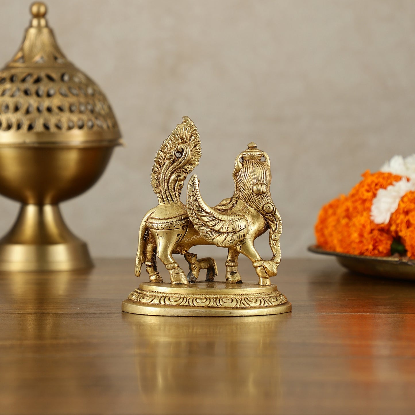 Brass Handcrafted Kamdhenu Cow with Calf Idol - Gold Finish, Divine Symbol of Abundance