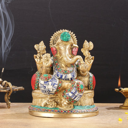 Pure Brass Lord Ganesha Statue with Mosaic work 8 inch