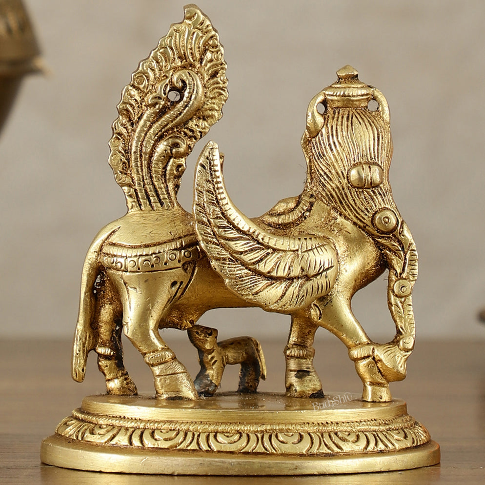 Brass Handcrafted Kamdhenu Cow with Calf Idol - Gold Finish, Divine Symbol of Abundance