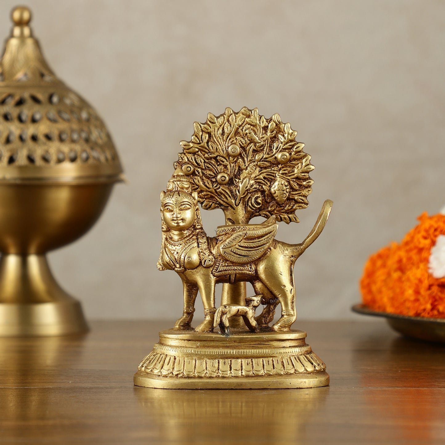 Pure Brass Kamadhenu Cow with Calf and Kalpavriksha - 5 Inch | Intricate Brass Sculpture