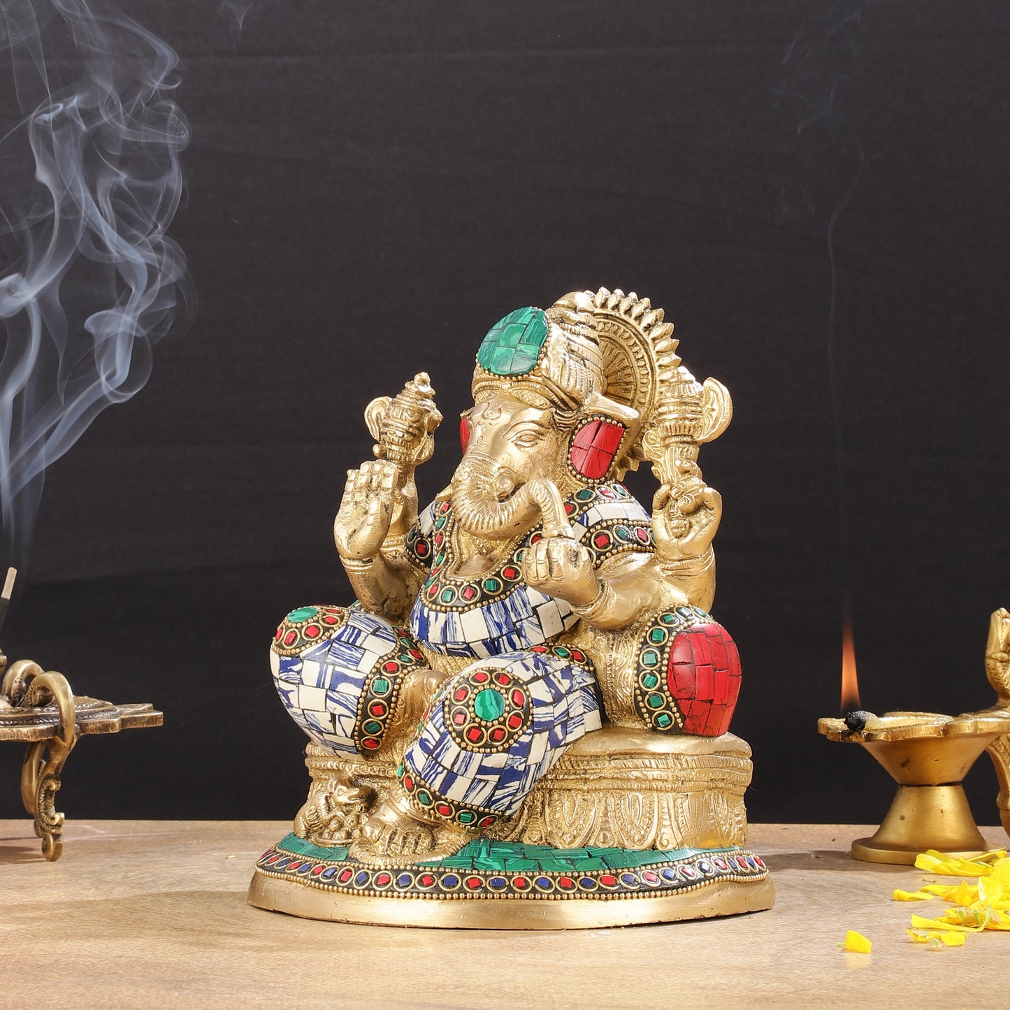 Pure Brass Lord Ganesha Statue with Mosaic work 8 inch