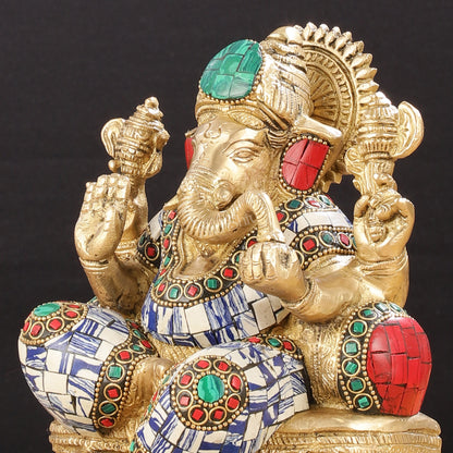 Pure Brass Lord Ganesha Statue with Mosaic work 8 inch