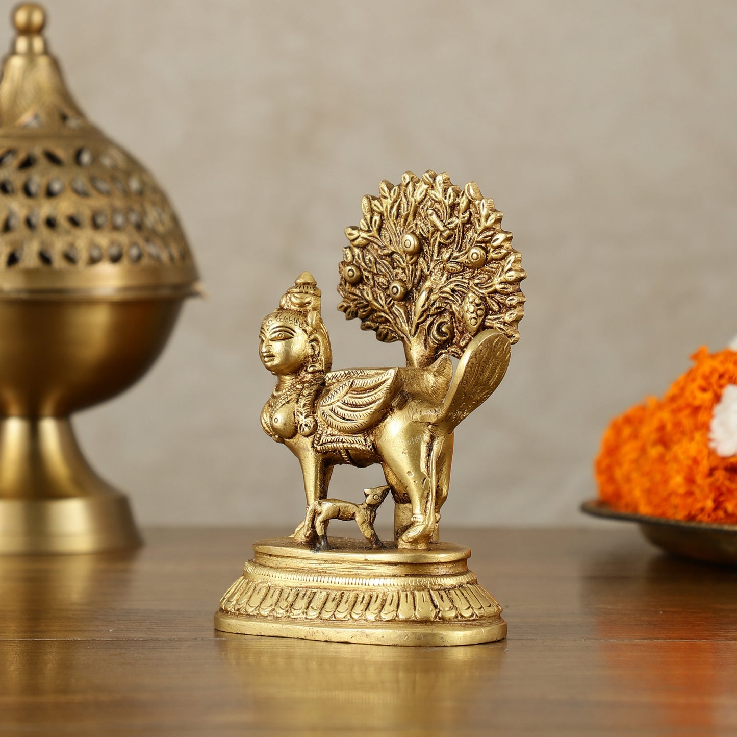 Pure Brass Kamadhenu Cow with Calf and Kalpavriksha - 5 Inch | Intricate Brass Sculpture