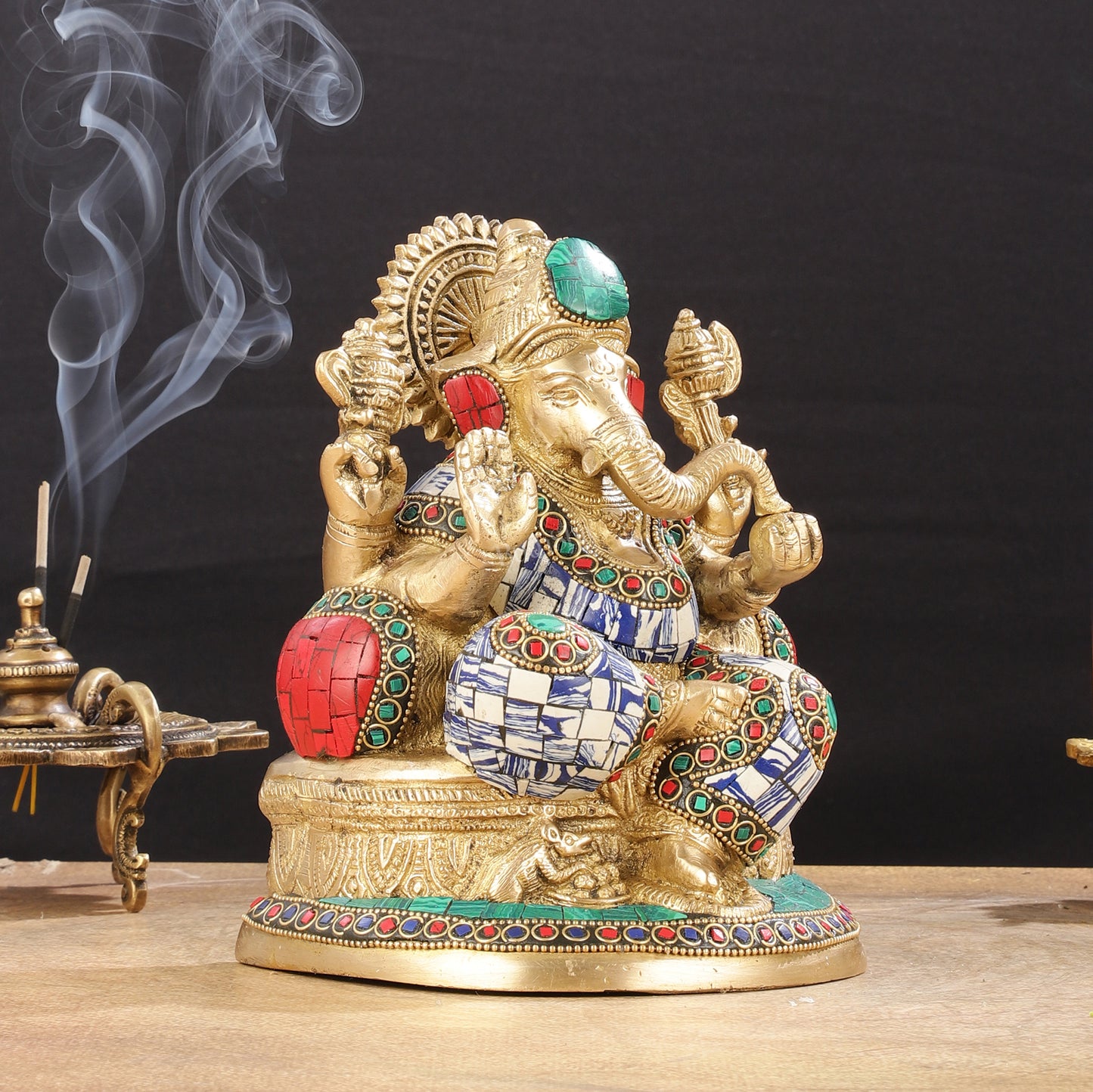 Pure Brass Lord Ganesha Statue with Mosaic work 8 inch