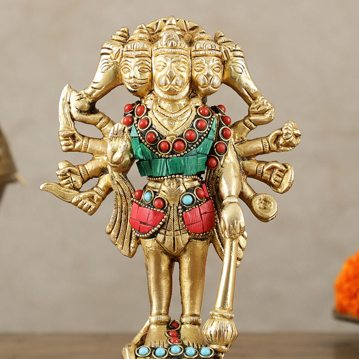 Pure Brass Standing Panchmukhi Hanuman Idol - 7"