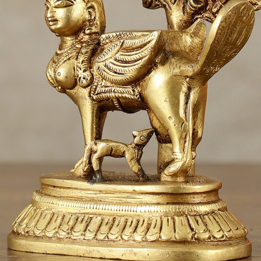 Pure Brass Kamadhenu Cow with Calf and Kalpavriksha - 5 Inch | Intricate Brass Sculpture