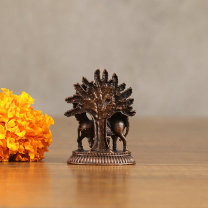 Pure Copper Kamdhenu Cow with Kalpavriksha Tree Idol - 2 Inch