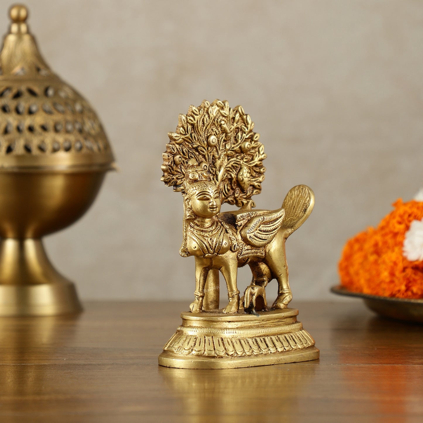 Pure Brass Kamadhenu Cow with Calf and Kalpavriksha - 5 Inch | Intricate Brass Sculpture