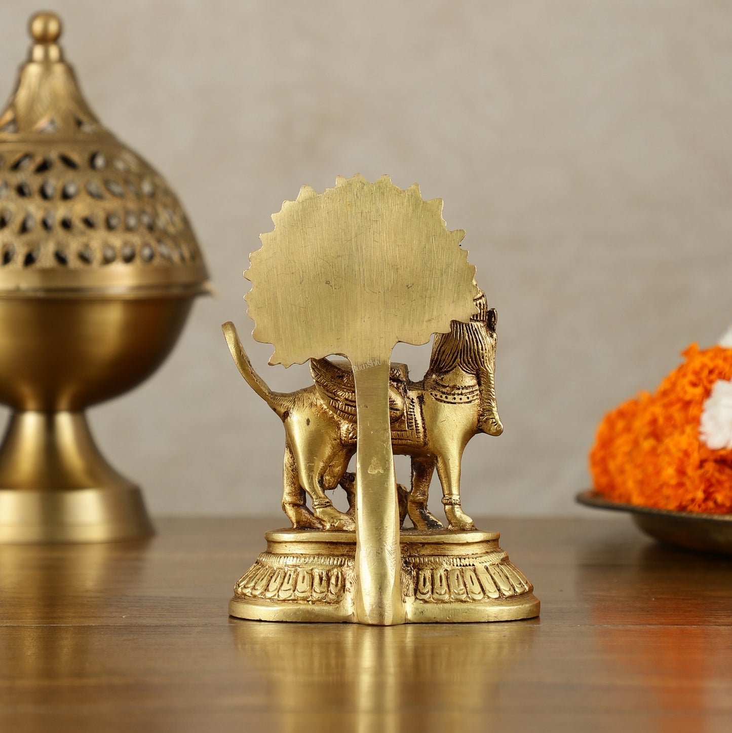 Pure Brass Kamadhenu Cow with Calf and Kalpavriksha - 5 Inch | Intricate Brass Sculpture