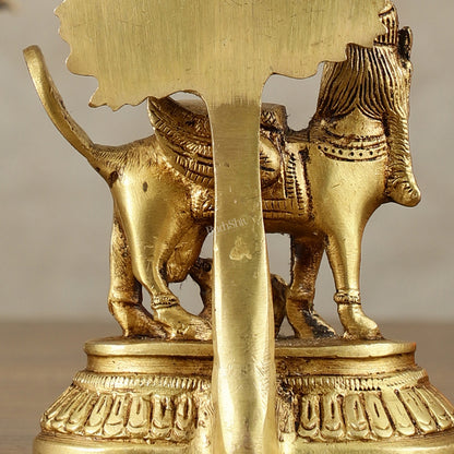 Pure Brass Kamadhenu Cow with Calf and Kalpavriksha - 5 Inch | Intricate Brass Sculpture