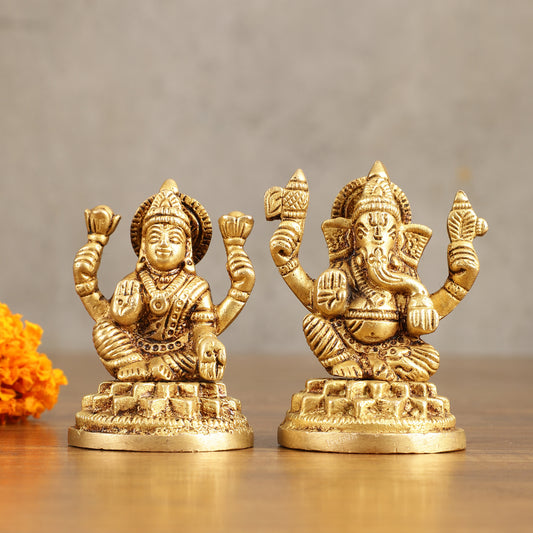 Pure Brass Small Ganesh Lakshmi Idols - 3.5 Inches