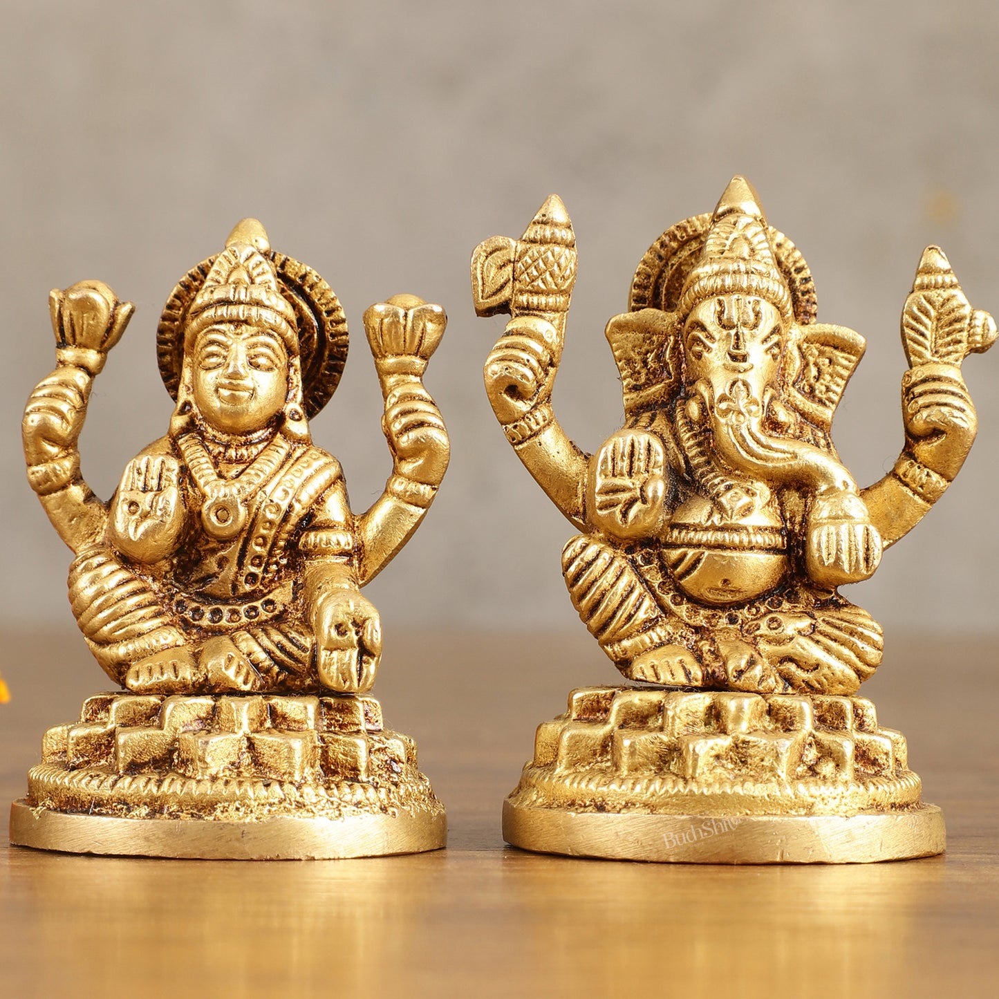 Pure Brass Small Ganesh Lakshmi Idols - 3.5 Inches