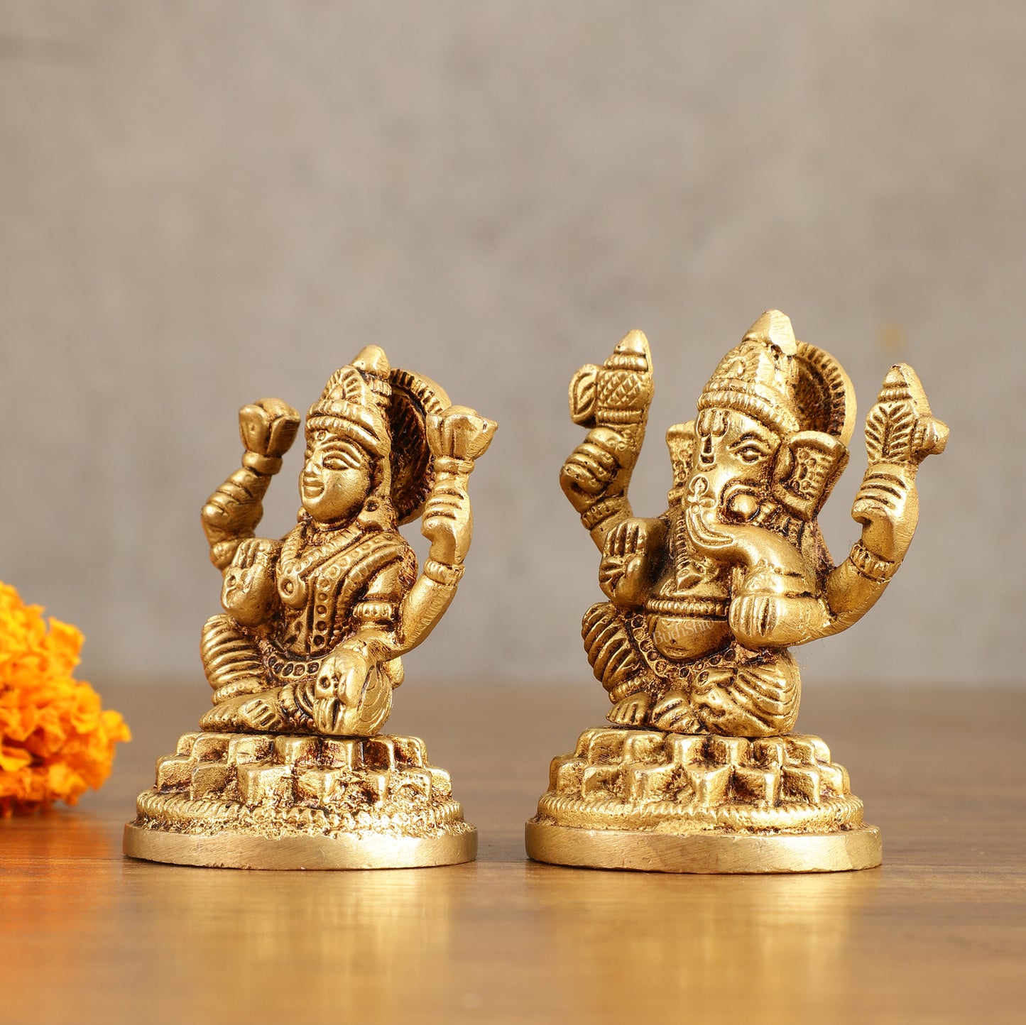 Pure Brass Small Ganesh Lakshmi Idols - 3.5 Inches