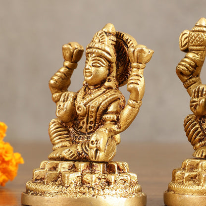 Pure Brass Small Ganesh Lakshmi Idols - 3.5 Inches