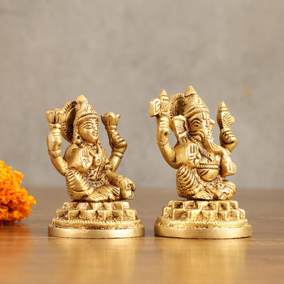 Pure Brass Small Ganesh Lakshmi Idols - 3.5 Inches