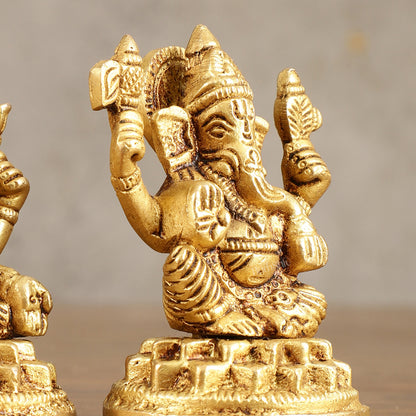 Pure Brass Small Ganesh Lakshmi Idols - 3.5 Inches