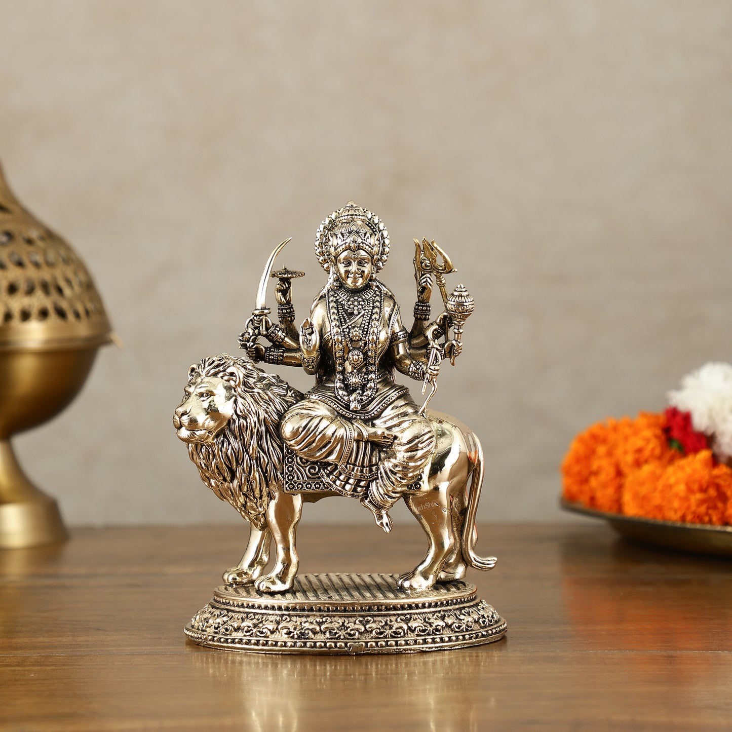 Brass Superfine Goddess Durga on Lion Idol with Base - 6 Inch