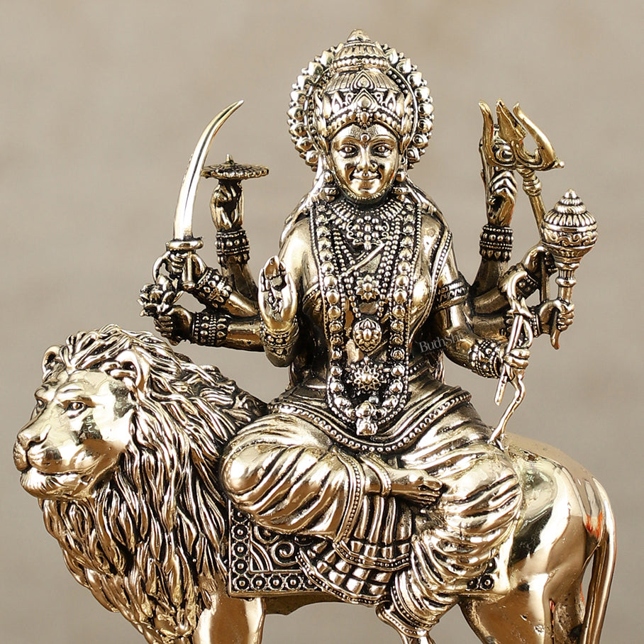 Brass Superfine Goddess Durga on Lion Idol with Base - 6 Inch