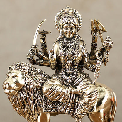 Brass Superfine Goddess Durga on Lion Idol with Base - 6 Inch