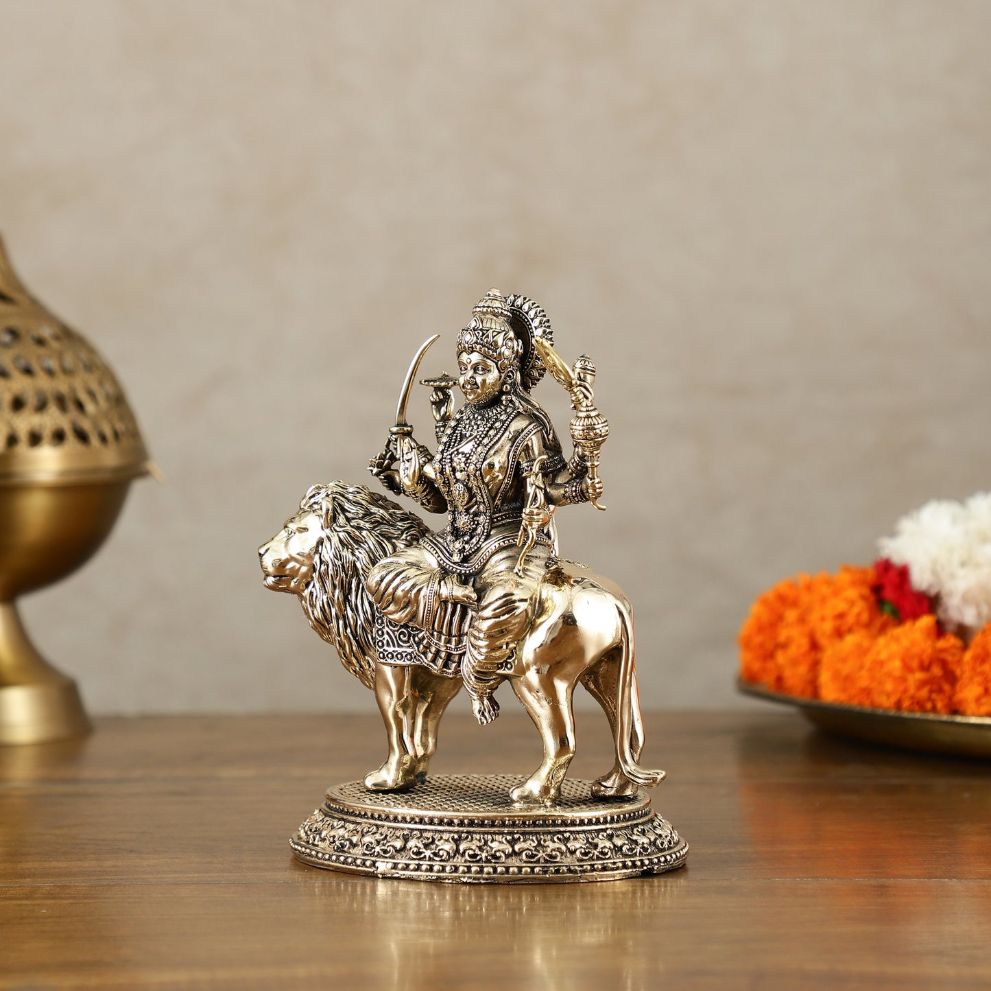 Brass Superfine Goddess Durga on Lion Idol with Base - 6 Inch