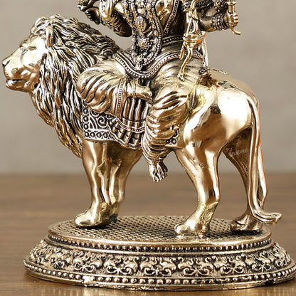 Brass Superfine Goddess Durga on Lion Idol with Base - 6 Inch