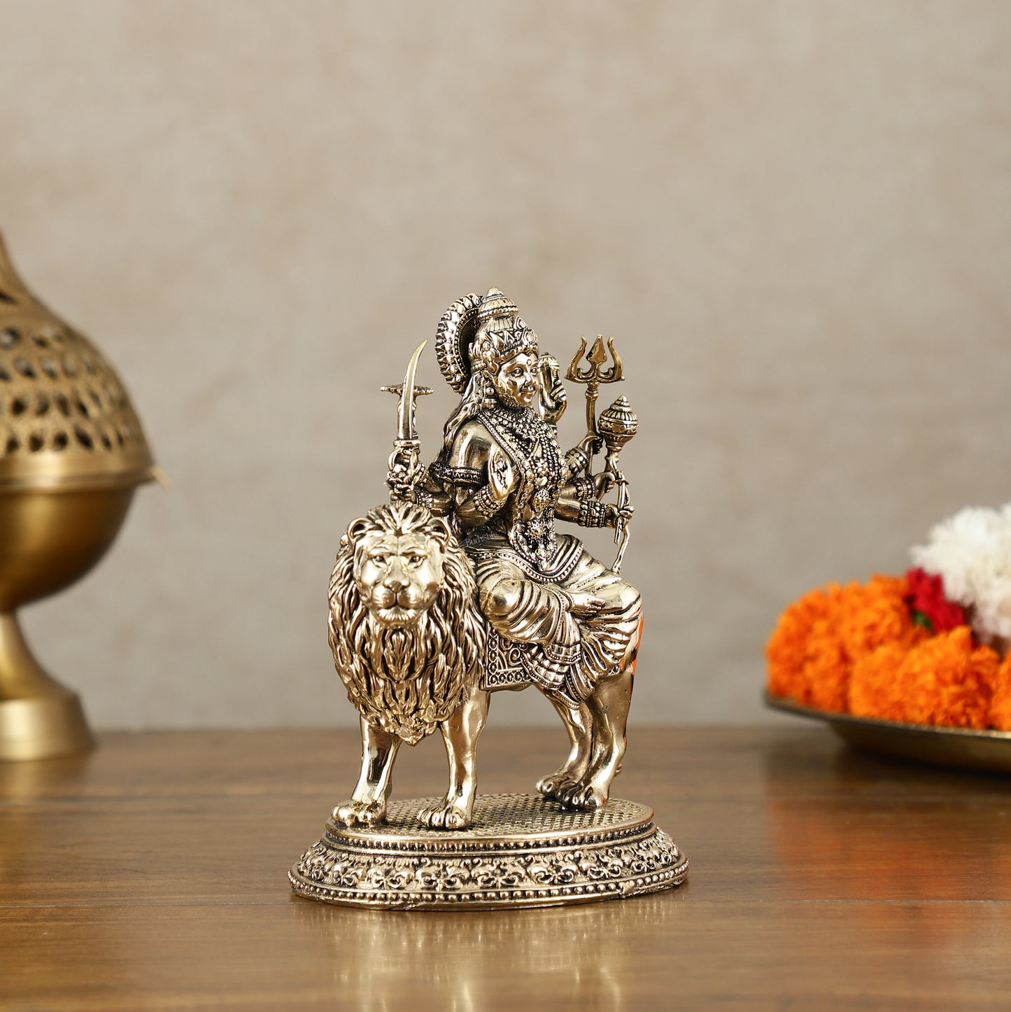 Brass Superfine Goddess Durga on Lion Idol with Base - 6 Inch