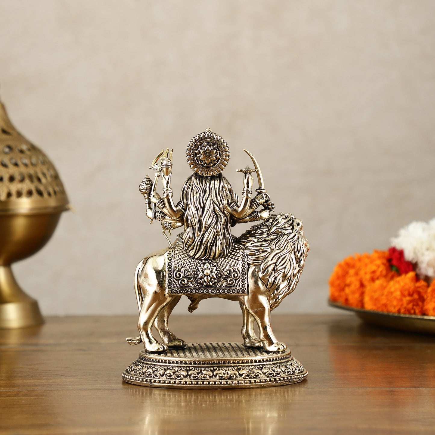 Brass Superfine Goddess Durga on Lion Idol with Base - 6 Inch