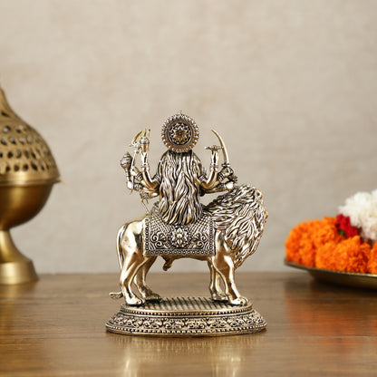 Brass Superfine Goddess Durga on Lion Idol with Base - 6 Inch