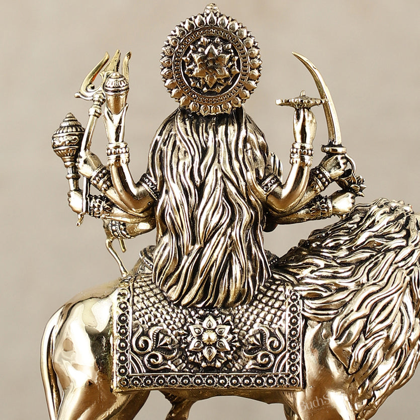 Brass Superfine Goddess Durga on Lion Idol with Base - 6 Inch