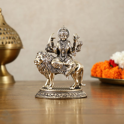 Brass Superfine Goddess Durga on Lion Idol with Base - 5.5 Inch