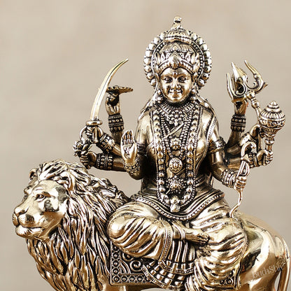 Brass Superfine Goddess Durga on Lion Idol with Base - 5.5 Inch