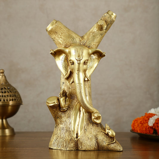 Unique Brass Ganesha Statue Carved in Tree – 12" Height